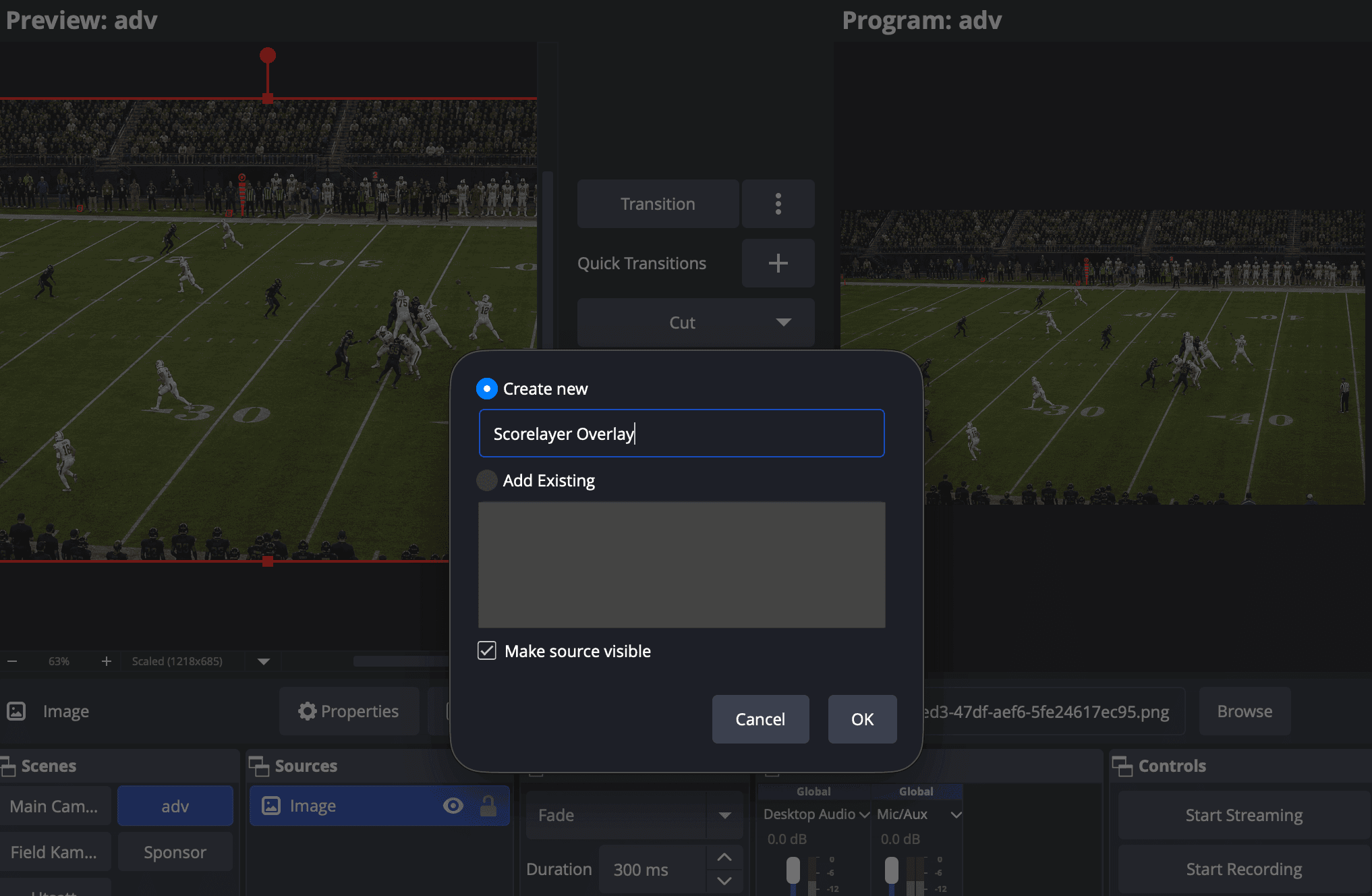 OBS Create new source dialog with the name field filled in as Scorelayer Overlay