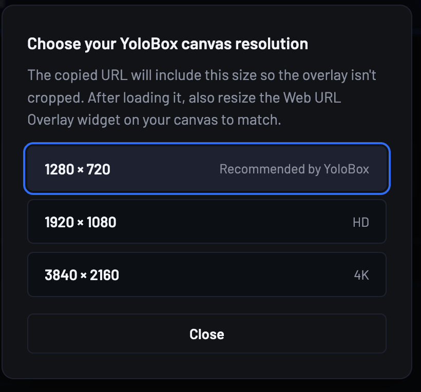 YoloBox resolution picker showing 1280 × 720 marked Recommended by YoloBox, 1920 × 1080 HD, and 3840 × 2160 4K