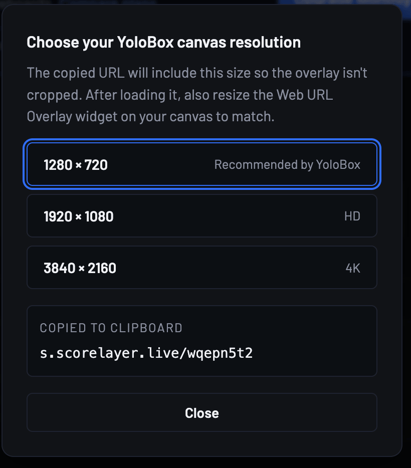 YoloBox resolution picker with 1280 × 720 selected and a Copied to clipboard box showing the short link