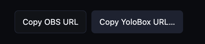 Copy OBS URL and Copy YoloBox URL buttons side by side in the ScoreLayer control panel