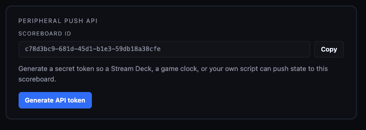 The Peripheral Push API card before a token exists, showing the Scoreboard ID with a Copy button and a blue Generate API token button