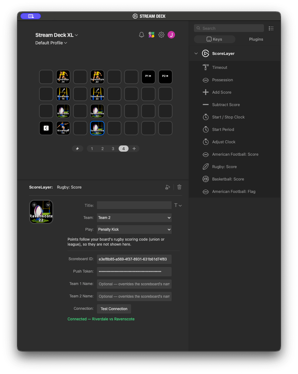 The Stream Deck app configuring a Rugby: Score key, with Team set to Team 2 and Play set to Penalty Kick, above the shared Scoreboard ID and Push Token fields and a Test Connection button reading Connected, Riverdale vs Ravenscote