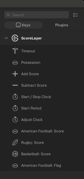 The ScoreLayer section of the Stream Deck actions list, showing all eleven actions from Timeout through American Football: Flag