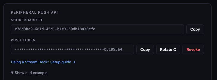 The Peripheral Push API card after a token is generated, showing the Scoreboard ID with a Copy button and a masked Push Token with Copy, Rotate and Revoke buttons